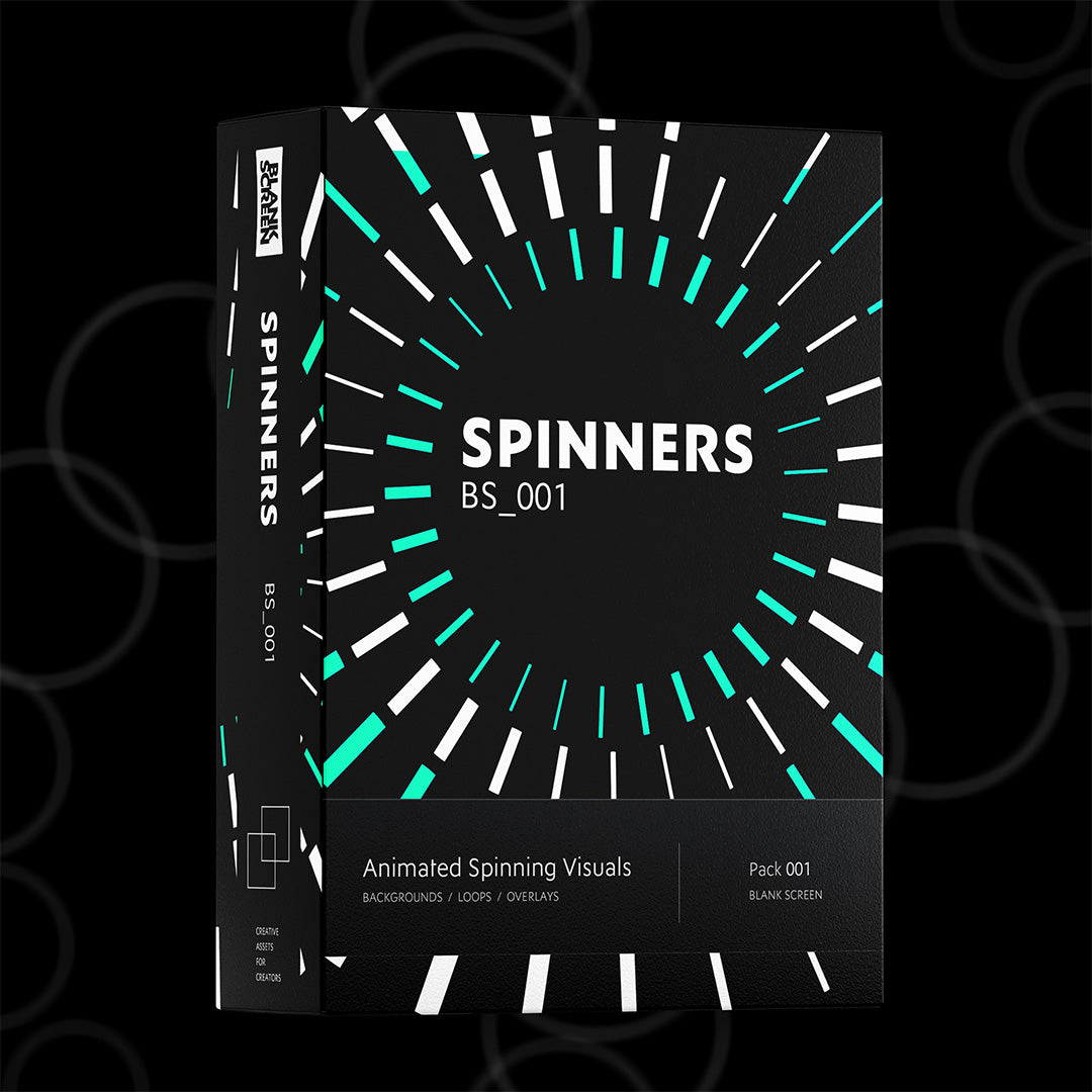 A boxed digital asset pack titled 'SPINNERS BS_001' shown as a 3D package mockup on a black background with faint circular graphics. The box is black with white and bright teal geometric radial designs and text reading 'SPINNERS', 'BS_001', and 'Animated Spinning Visuals'.