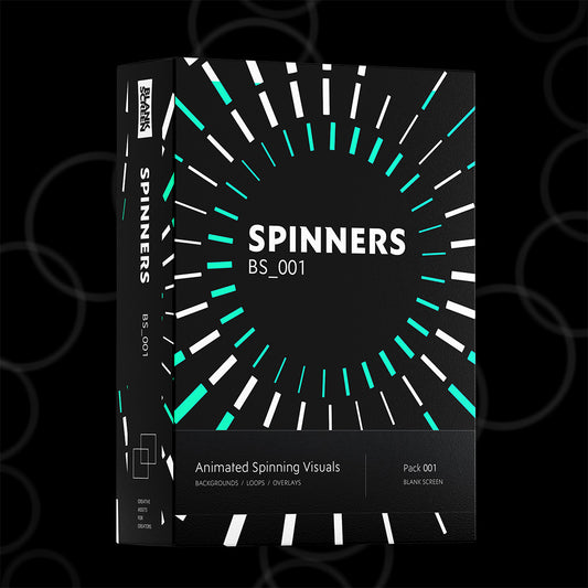 A boxed digital asset pack titled 'SPINNERS BS_001' shown as a 3D package mockup on a black background with faint circular graphics. The box is black with white and bright teal geometric radial designs and text reading 'SPINNERS', 'BS_001', and 'Animated Spinning Visuals'.