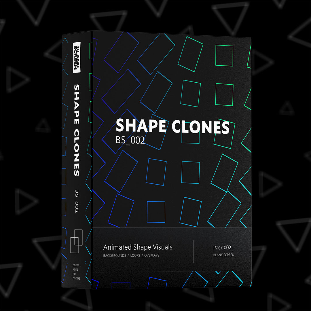 A black software-style box/package labeled 'SHAPE CLONES BS_002' with blue and green outlined geometric shapes on the front and spine, shown on a black background with faint triangle overlays.