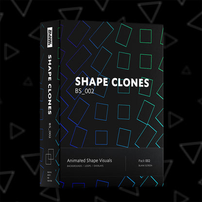 A black software-style box/package labeled 'SHAPE CLONES BS_002' with blue and green outlined geometric shapes on the front and spine, shown on a black background with faint triangle overlays.