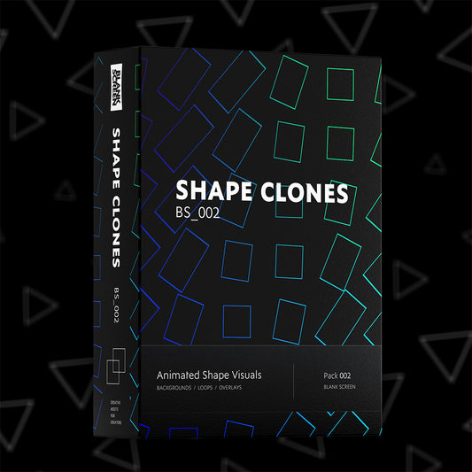 A black software-style box/package labeled 'SHAPE CLONES BS_002' with blue and green outlined geometric shapes on the front and spine, shown on a black background with faint triangle overlays.