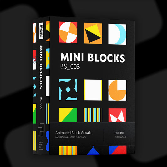 A boxed digital asset pack titled "MINI BLOCKS BS_003" shown standing upright against a dark abstract background. The package is black with a grid of colorful geometric block icons on the front and spine, plus white text reading "Animated Block Visuals," "Backgrounds / Loops / Overlays," and "Pack 003 Blank Screen".