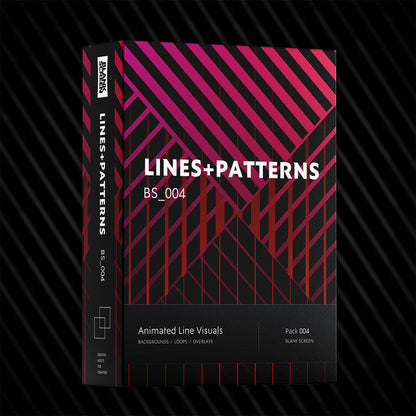 A digital cover mockup for a graphics asset pack titled 'LINES+PATTERNS BS_004', featuring a black and magenta geometric striped design with white text on a dark background.