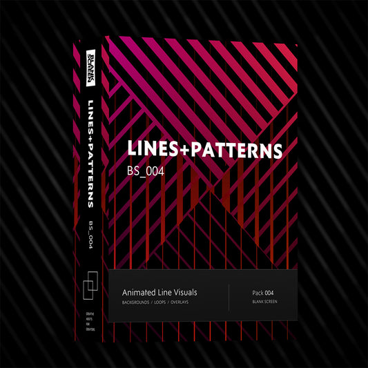 A digital cover mockup for a graphics asset pack titled 'LINES+PATTERNS BS_004', featuring a black and magenta geometric striped design with white text on a dark background.