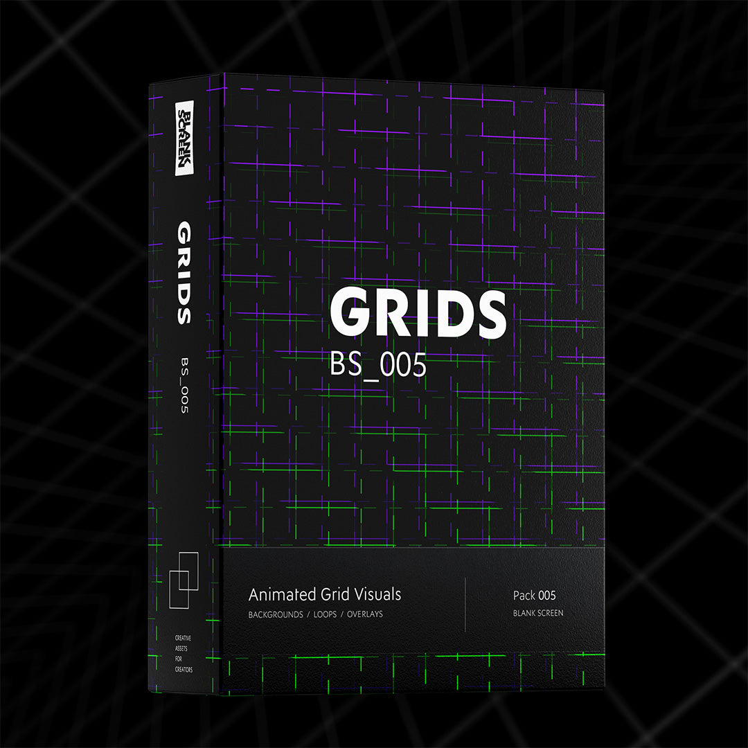 A digital product cover mockup for 'GRIDS BS_005' showing a black box with purple and green grid patterns, set against a dark background with a subtle grid overlay.