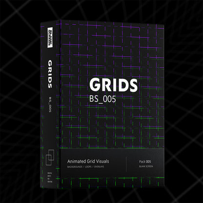 A digital product cover mockup for 'GRIDS BS_005' showing a black box with purple and green grid patterns, set against a dark background with a subtle grid overlay.