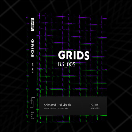 A digital product cover mockup for 'GRIDS BS_005' showing a black box with purple and green grid patterns, set against a dark background with a subtle grid overlay.