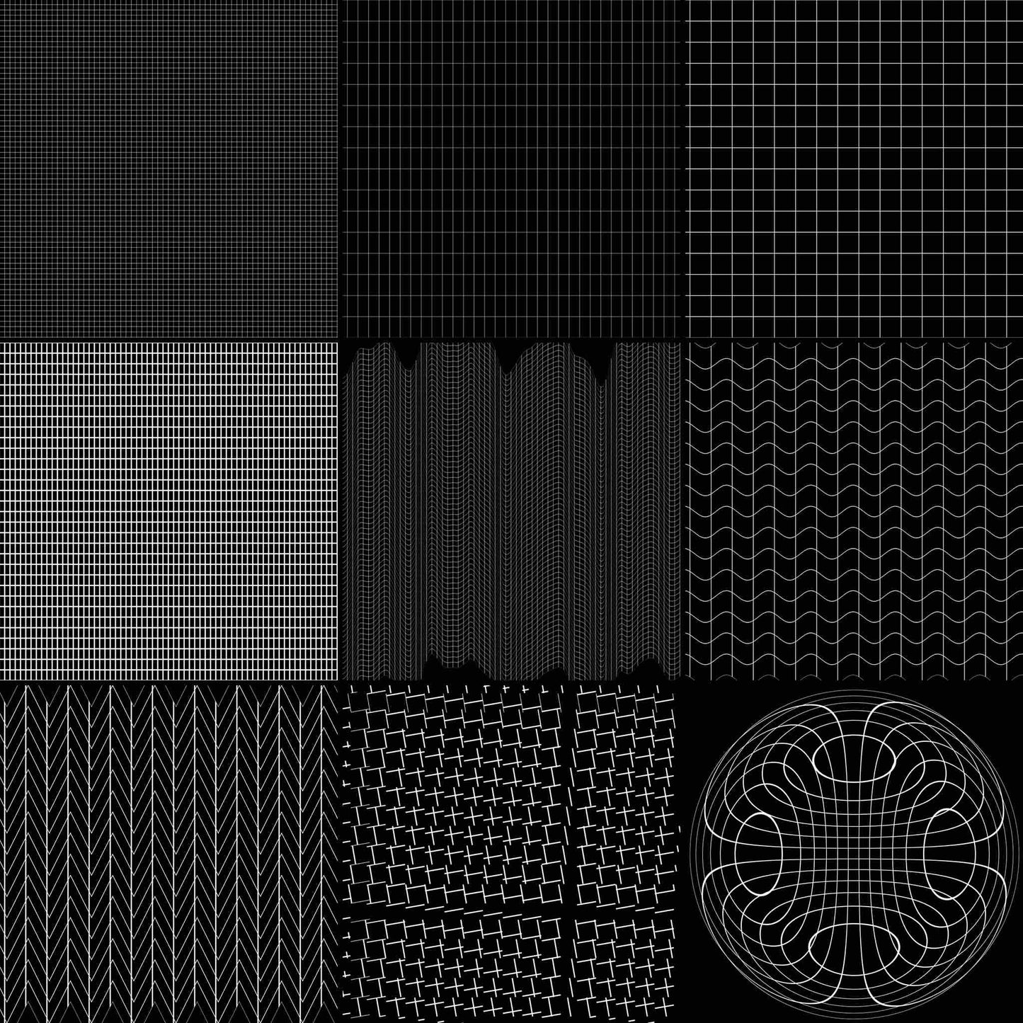 A 3x3 grid of black and white geometric pattern swatches, including grids, herringbone, chevron, and a circular wireframe design on a black background.