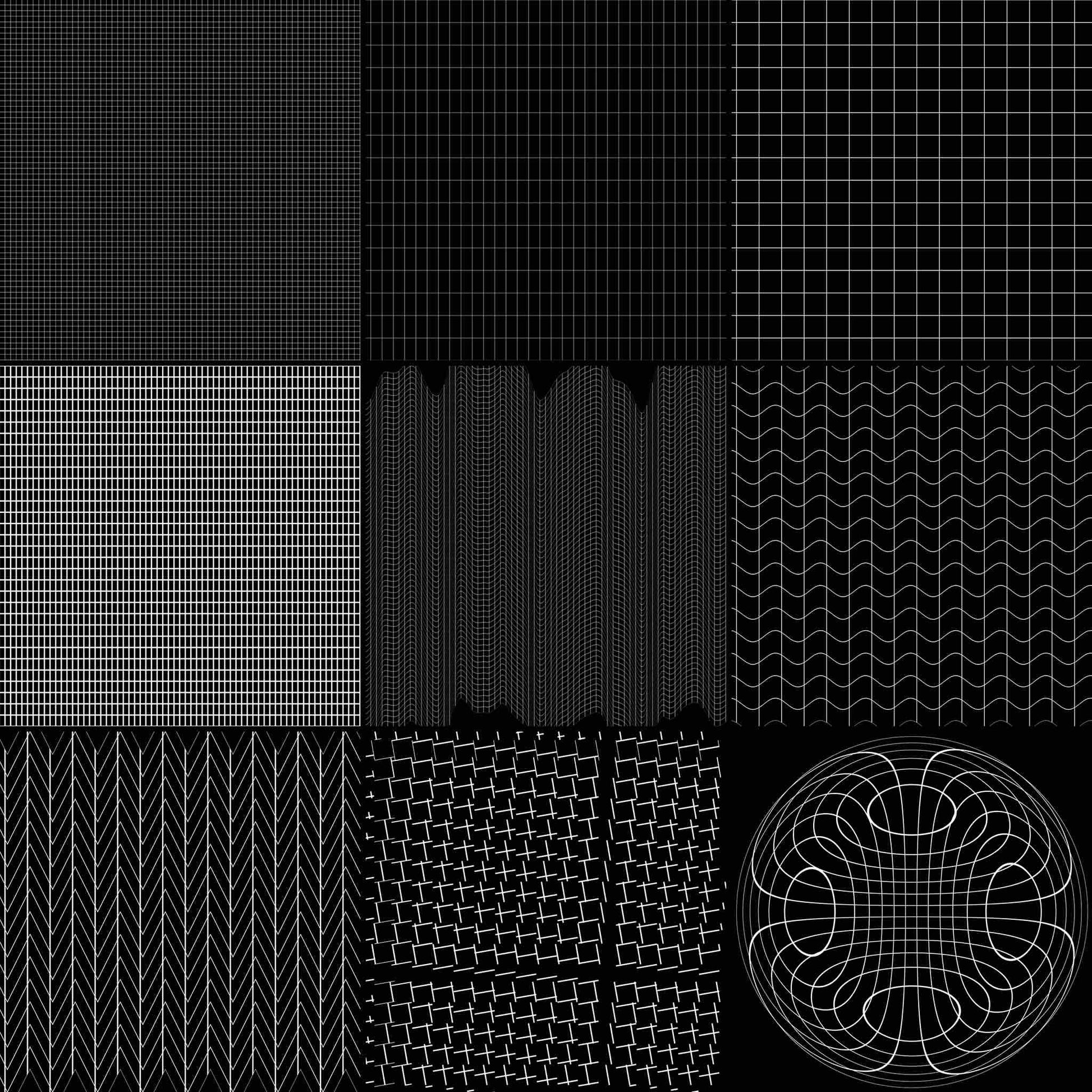 A 3x3 grid of black and white geometric pattern swatches, including grids, herringbone, chevron, and a circular wireframe design on a black background.