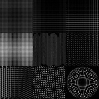 A 3x3 grid of black and white geometric pattern swatches, including grids, herringbone, chevron, and a circular wireframe design on a black background.