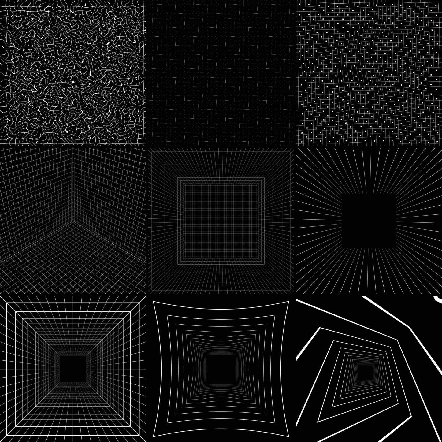 A 3x3 grid of black and white abstract geometric patterns, including textured squares, radiating lines, perspective grids, and concentric square designs.