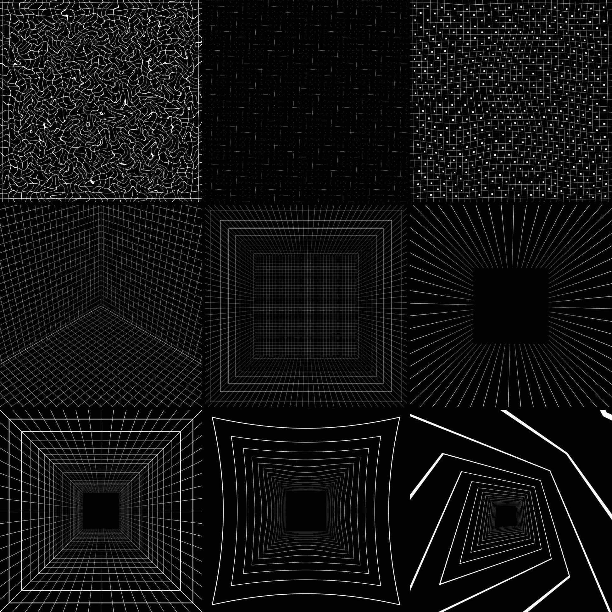 A 3x3 grid of black and white abstract geometric patterns, including textured squares, radiating lines, perspective grids, and concentric square designs.