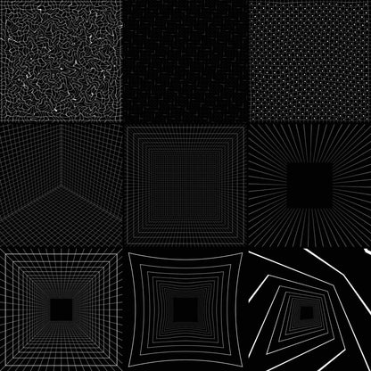 A 3x3 grid of black and white abstract geometric patterns, including textured squares, radiating lines, perspective grids, and concentric square designs.
