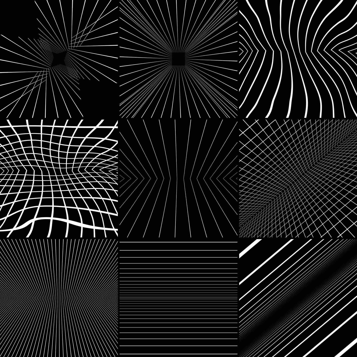 A 3x3 grid of black and white optical illusion line patterns, featuring radial, wavy, grid, and striped optical effects.