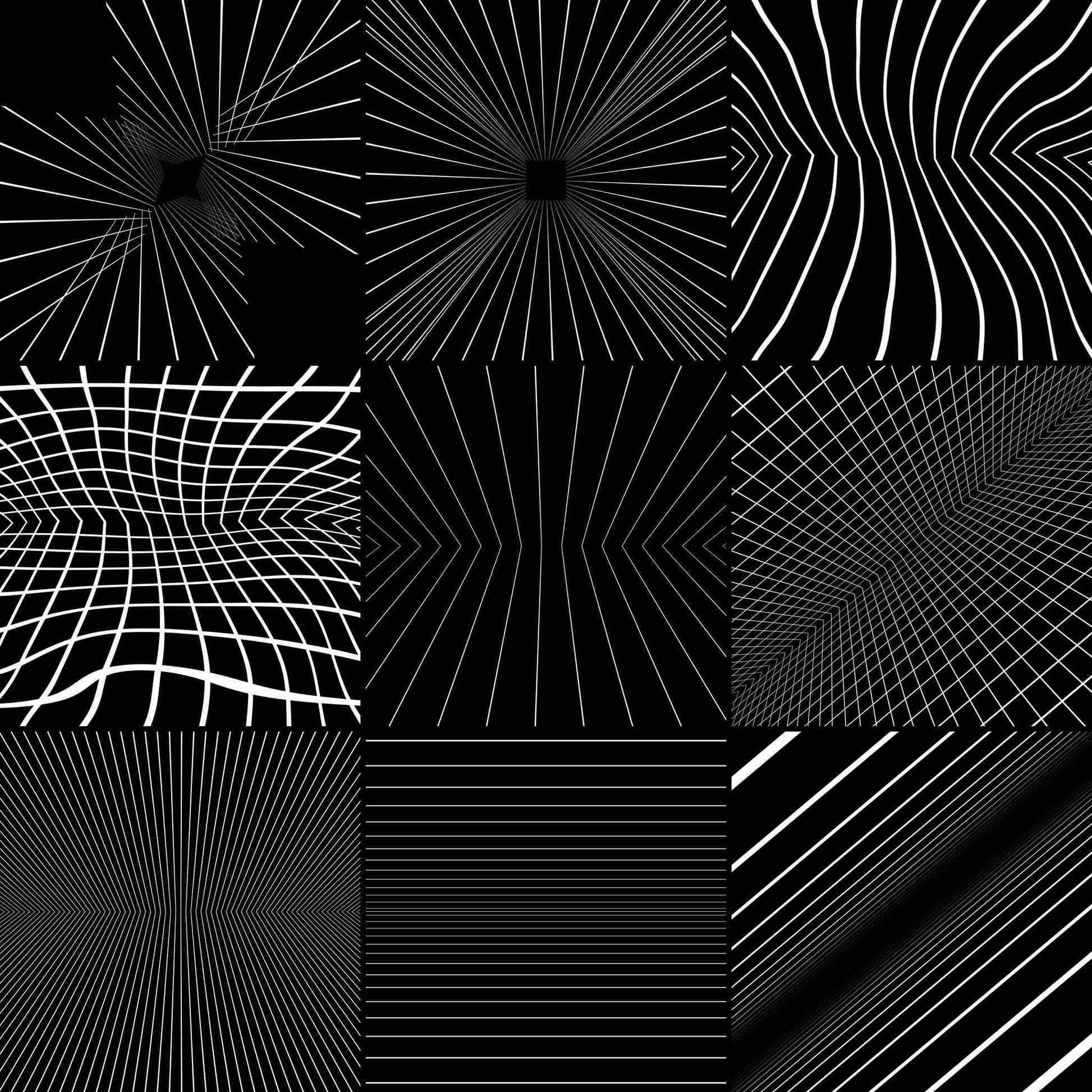 A 3x3 grid of black and white optical illusion line patterns, featuring radial, wavy, grid, and striped optical effects.