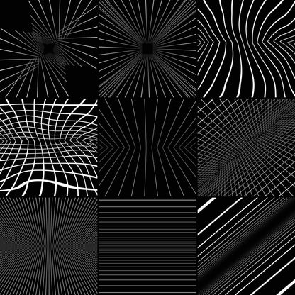 A 3x3 grid of black and white optical illusion line patterns, featuring radial, wavy, grid, and striped optical effects.